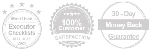 three round icons showing award of most used executor checklists customer satisfaction and money back guarantee in grey