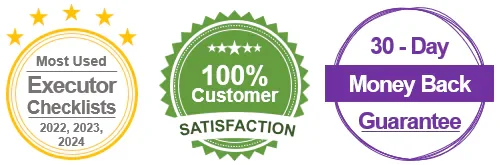 three round icons showing award of most used executor checklists customer satisfaction and money back guarantee