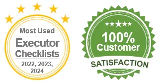 two round icons showing award of most used executor checklists and customer satisfaction guarantee