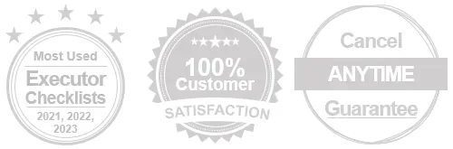 three round icons showing award of most used executor checklists customer satisfaction and cancellation guarantee